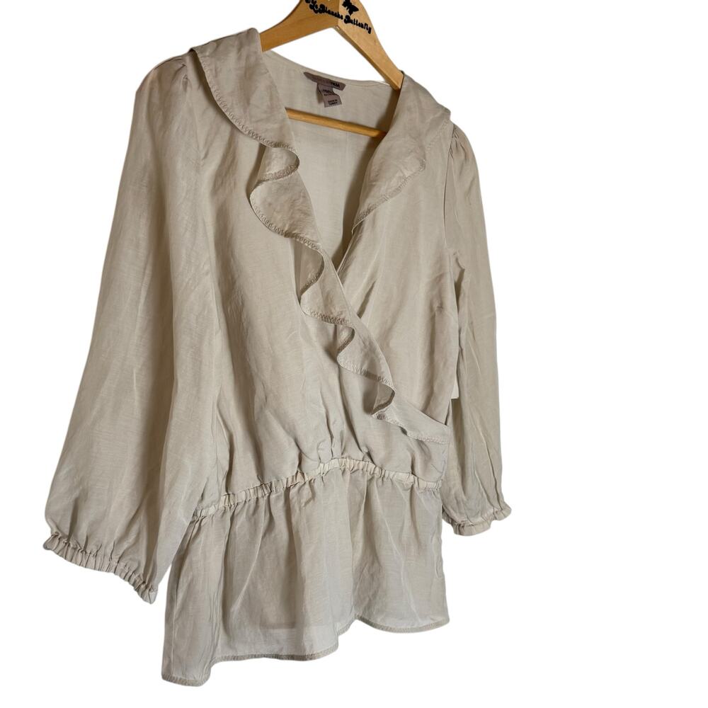H&M Fairycore Romantic Sheer Women's Tan Blouse  Deep V puff sleeves Size 10 Med